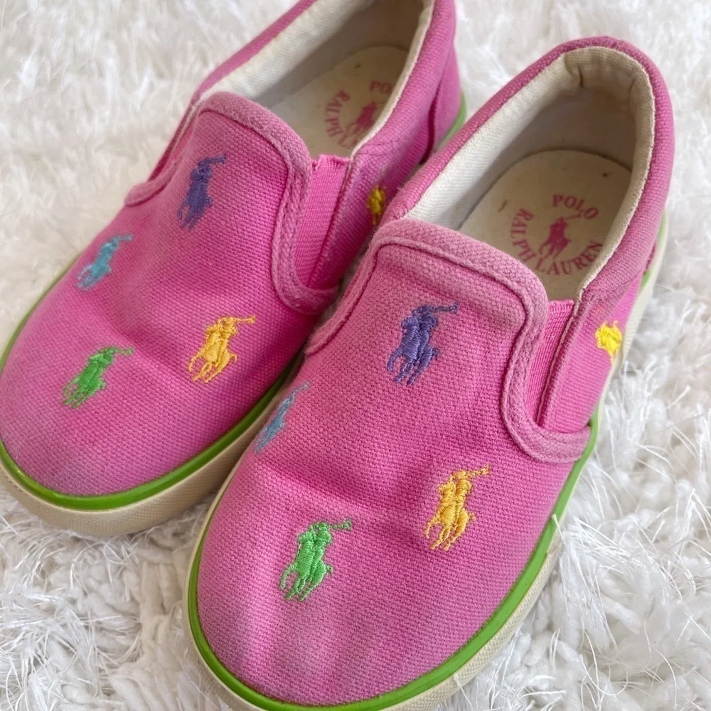 Ralph Lauren girls slip-on pink multicolor logo shoes size 9